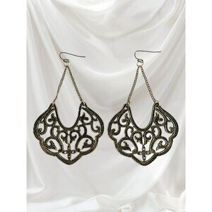 Vintage 1990s–2000s Gold-Tone Filigree Dangle Earrings – Ornate Boho Scroll Desi